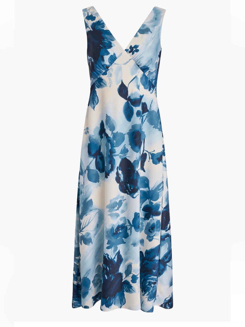 Donna Karan NWT 16 Floral Empire Waist A-Line Blue & White Midi Dress